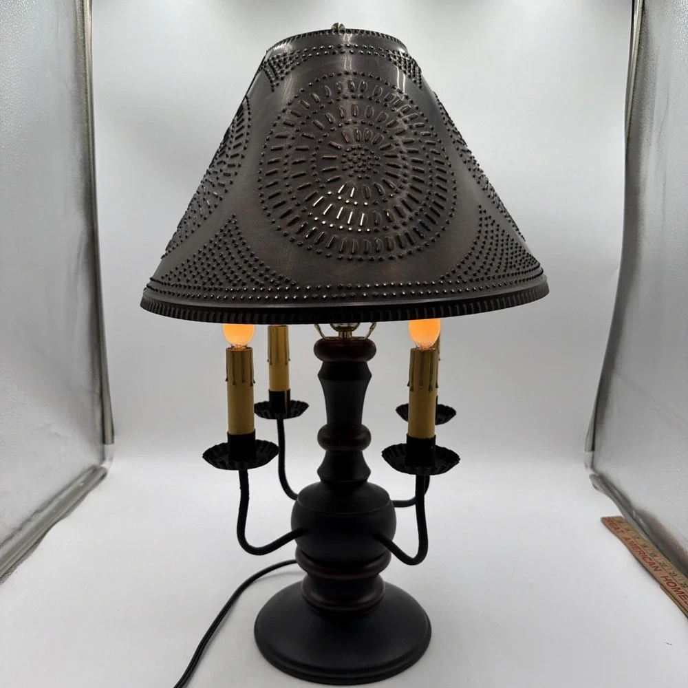 Cedar Creek Lamp W/Sturbridge Red Over Black & Kettle Black Punched Tin Shade
